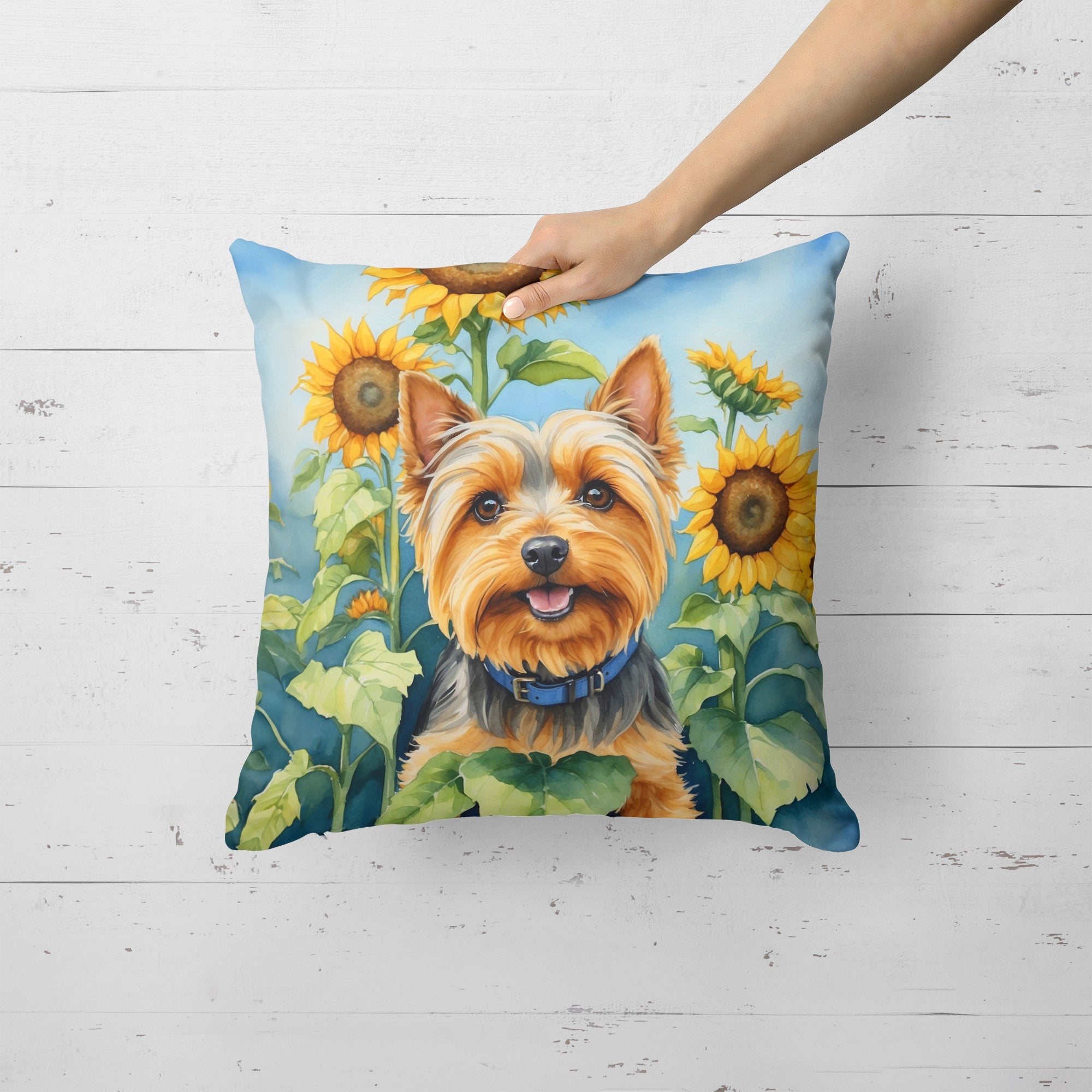 Silky Terrier in Sunflowers Decorative Throw Pillow 18x18 Indoor Outdoor Accent Cushion, Fabric Cover with Insert for Sofa, Bed, Porch & Living Room