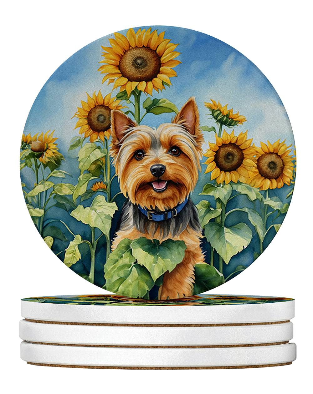 Silky Terrier in Sunflowers Large Sandstone Coasters Pack of 4 Absorbent Round Coasters Decor Gifts for Men or Women, 4 in, Multicolor