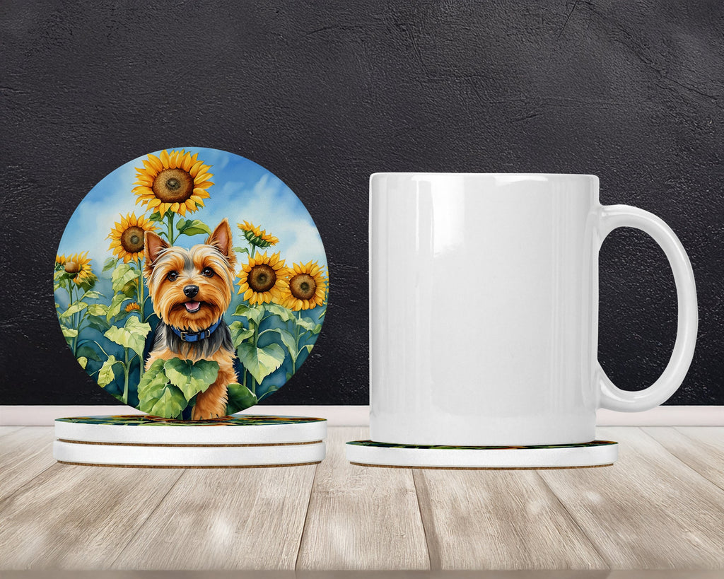 Silky Terrier in Sunflowers Large Sandstone Coasters Pack of 4 Absorbent Round Coasters Decor Gifts for Men or Women, 4 in, Multicolor