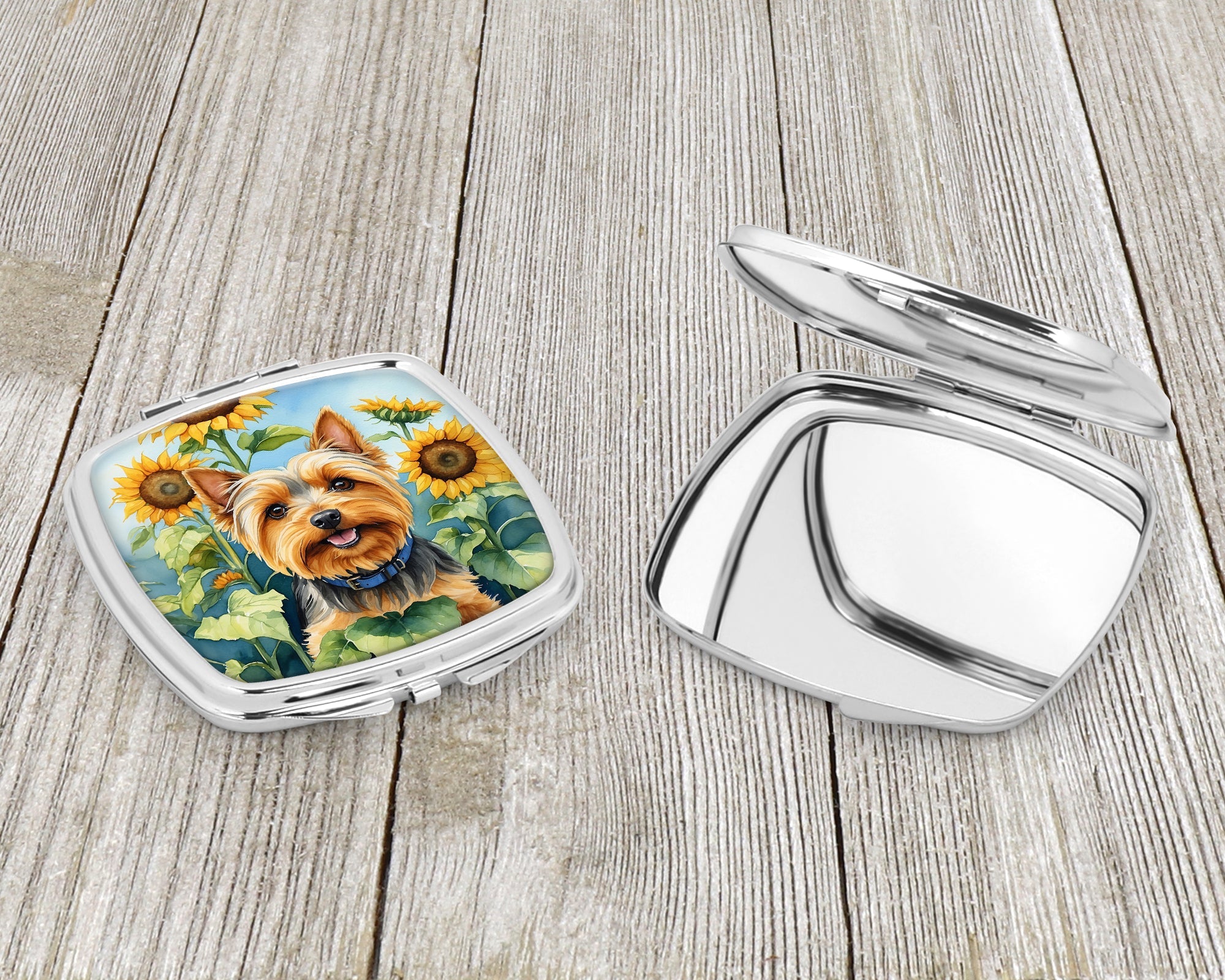 Silky Terrier in Sunflowers Compact Mirror Decorative Travel Makeup Mirror for Women Girls Gifts Pocket Makeup Mirror Folding Handheld