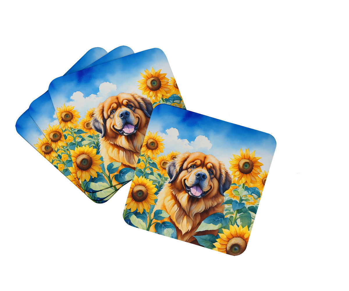 Tibetan Mastiff in Sunflowers Foam Coasters Set of 4 Cup Coasters for Indoor Outdoor, Tabletop Protection, Anti Slip, Mouse pad Material