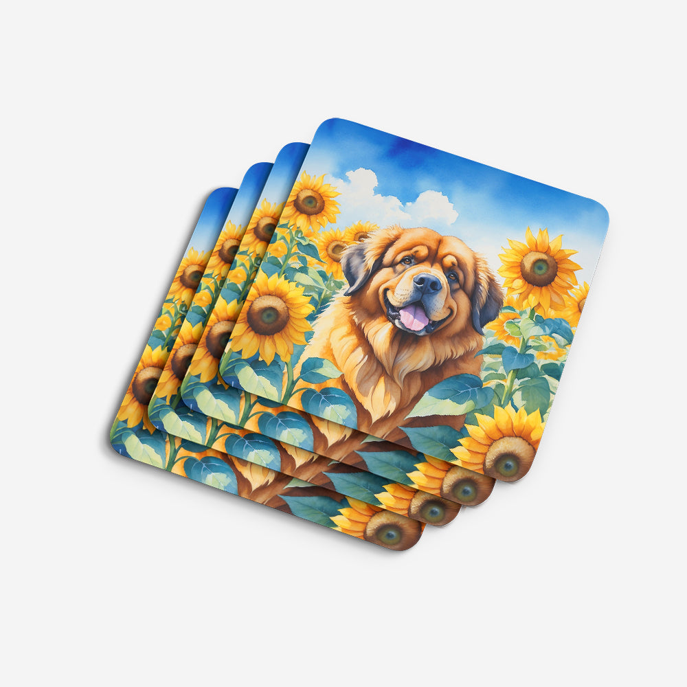 Tibetan Mastiff in Sunflowers Foam Coasters Set of 4 Cup Coasters for Indoor Outdoor, Tabletop Protection, Anti Slip, Mouse pad Material