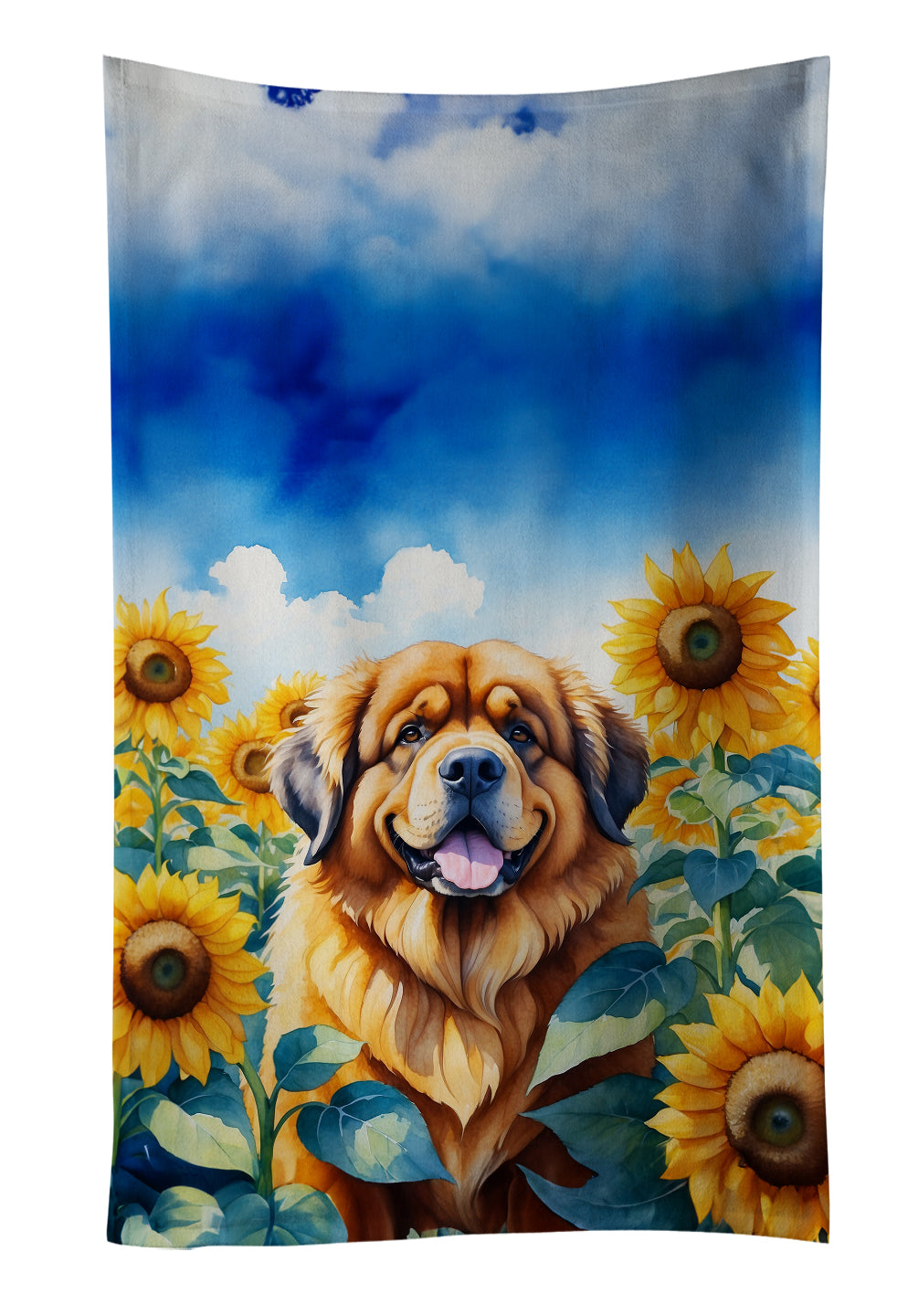Tibetan Mastiff in Sunflowers Kitchen Towel Velour Plush Front and Cotton Loop Back Machine Washable