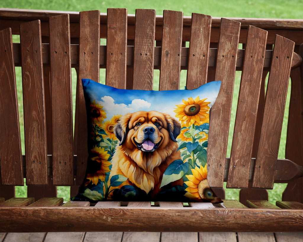 Tibetan Mastiff in Sunflowers Decorative Throw Pillow 14x14 Indoor Outdoor Accent Cushion, Fabric Cover with Insert for Sofa, Bed, Porch & Living Room