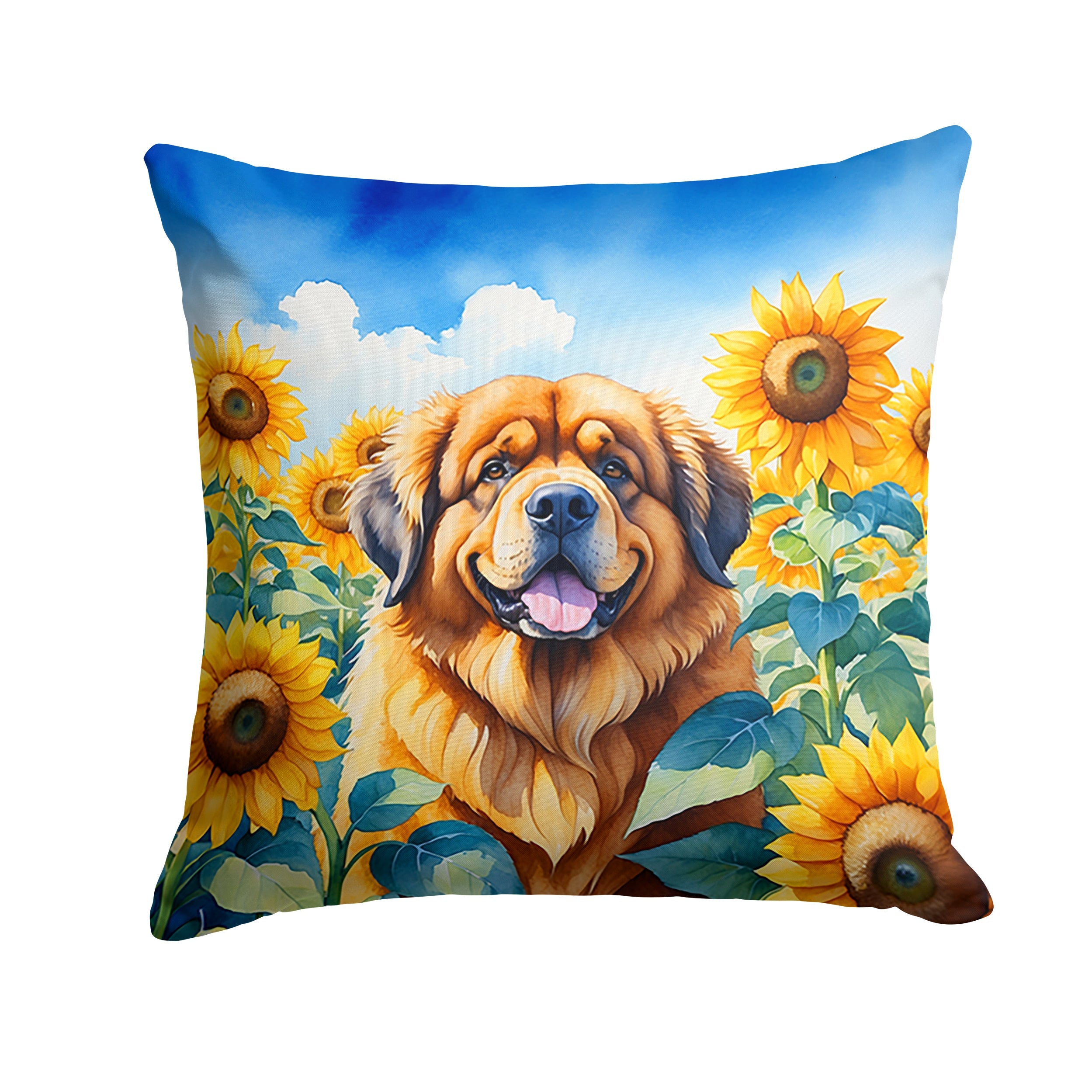 Tibetan Mastiff in Sunflowers Decorative Throw Pillow 18x18 Indoor Outdoor Accent Cushion, Fabric Cover with Insert for Sofa, Bed, Porch & Living Room