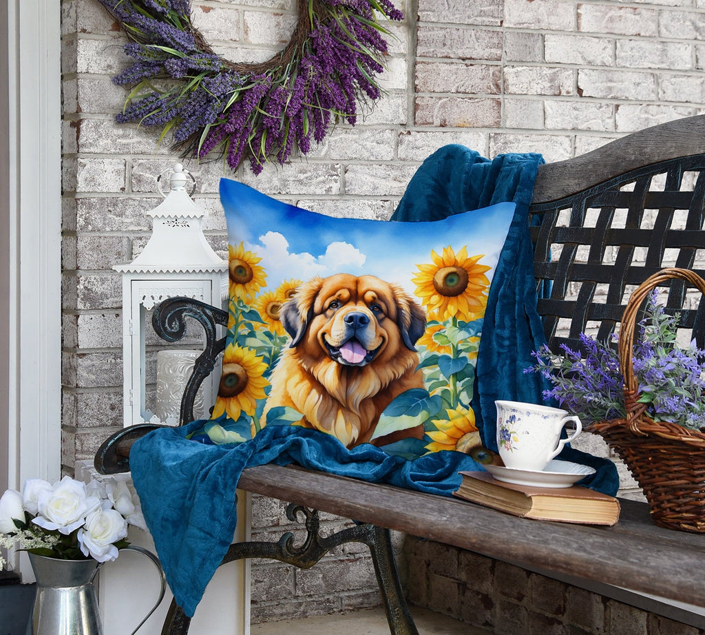 Tibetan Mastiff in Sunflowers Decorative Throw Pillow 18x18 Indoor Outdoor Accent Cushion, Fabric Cover with Insert for Sofa, Bed, Porch & Living Room