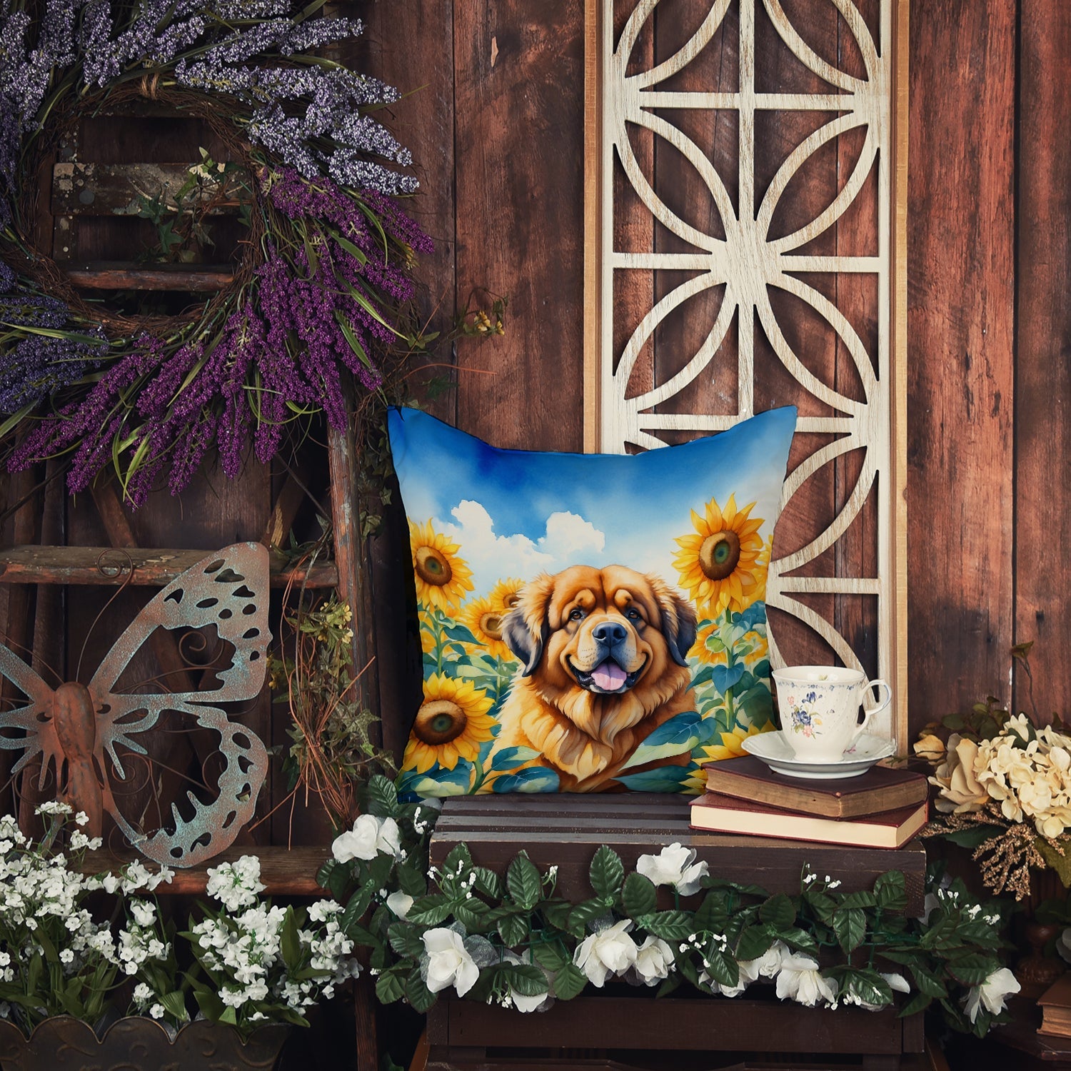 Tibetan Mastiff in Sunflowers Decorative Throw Pillow 18x18 Indoor Outdoor Accent Cushion, Fabric Cover with Insert for Sofa, Bed, Porch & Living Room