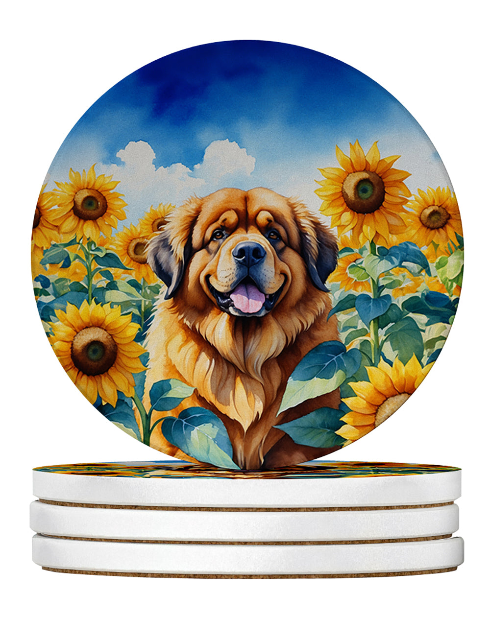 Tibetan Mastiff in Sunflowers Large Sandstone Coasters Pack of 4 Absorbent Round Coasters Decor Gifts for Men or Women, 4 in, Multicolor