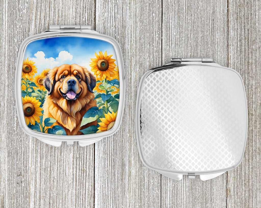 Tibetan Mastiff in Sunflowers Compact Mirror Decorative Travel Makeup Mirror for Women Girls Gifts Pocket Makeup Mirror Folding Handheld