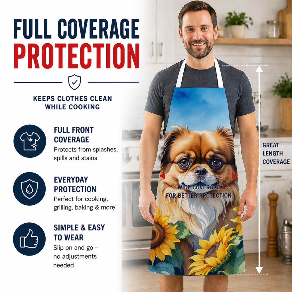 Tibetan Spaniel in Sunflowers Apron Cooking Kitchen Server Baking Crafts Gardening for Adult Women Men, Unisex, Large, Multicolor