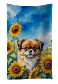 Tibetan Spaniel in Sunflowers Kitchen Towel Velour Plush Front and Cotton Loop Back Machine Washable