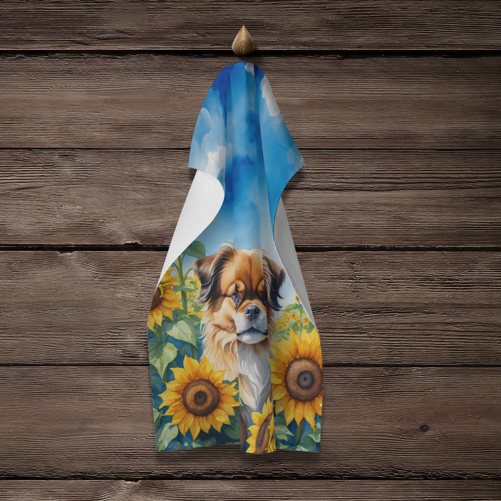 Tibetan Spaniel in Sunflowers Kitchen Towel Velour Plush Front and Cotton Loop Back Machine Washable