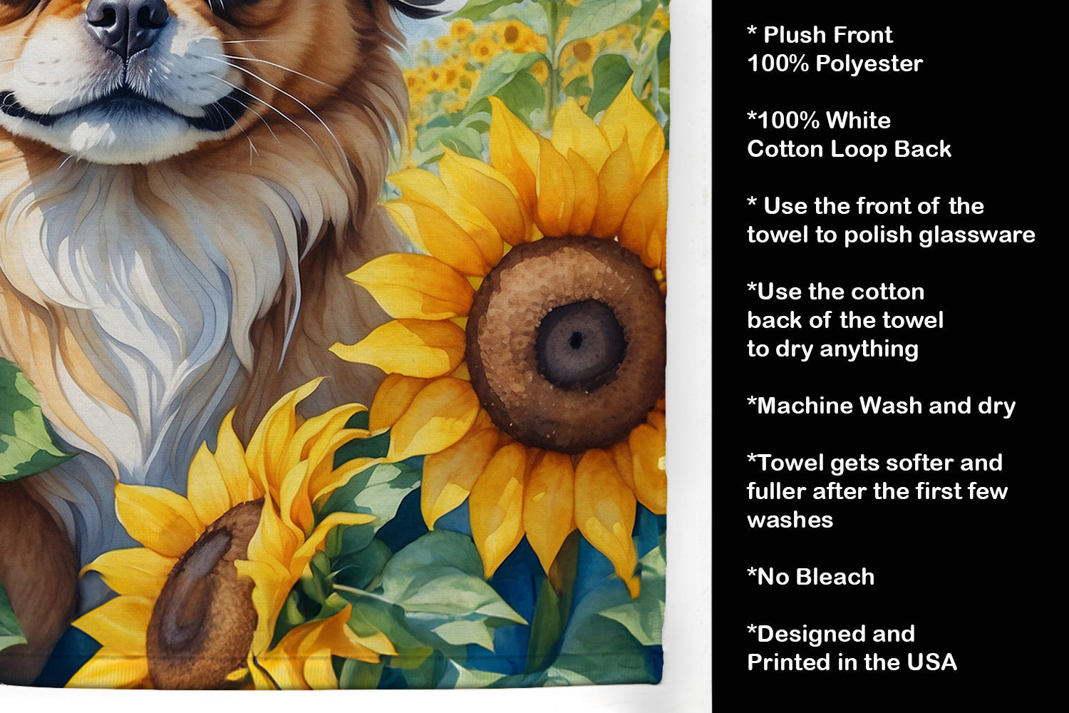 Tibetan Spaniel in Sunflowers Kitchen Towel Velour Plush Front and Cotton Loop Back Machine Washable