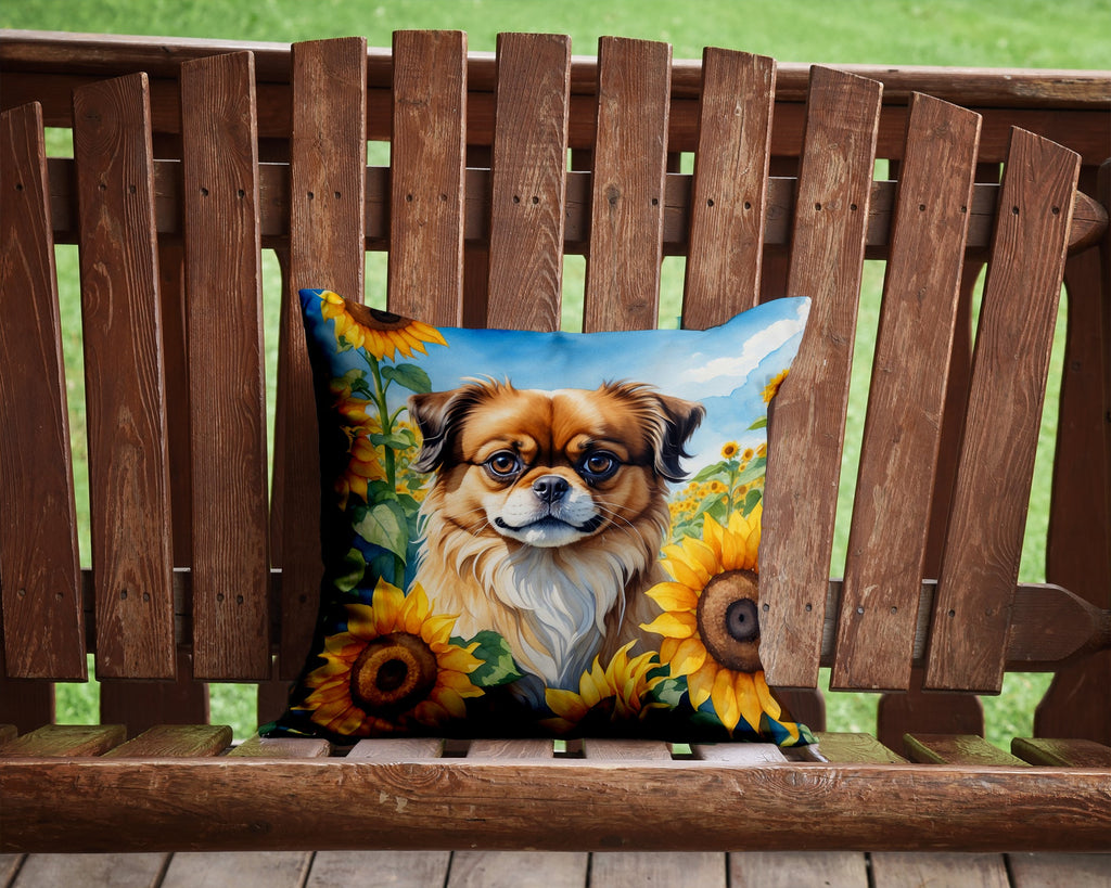 Tibetan Spaniel in Sunflowers Decorative Throw Pillow 14x14 Indoor Outdoor Accent Cushion, Fabric Cover with Insert for Sofa, Bed, Porch & Living Room