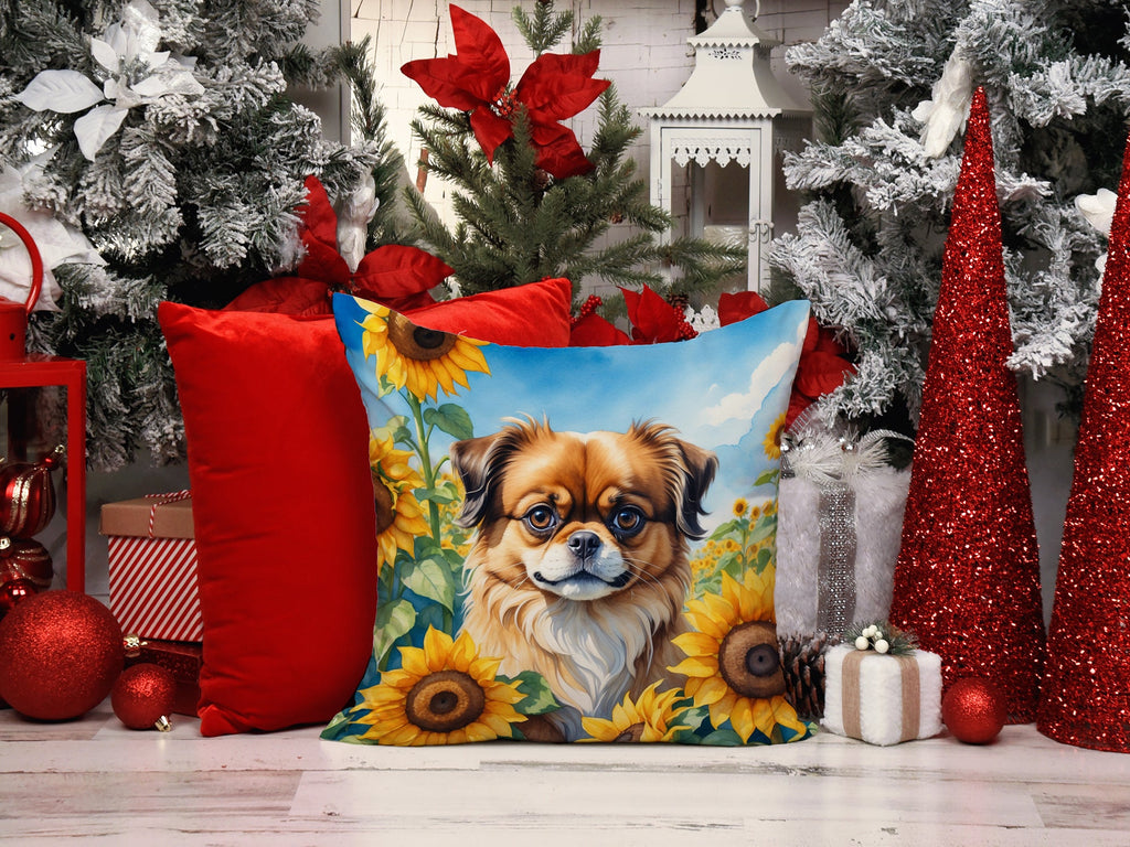 Tibetan Spaniel in Sunflowers Decorative Throw Pillow 14x14 Indoor Outdoor Accent Cushion, Fabric Cover with Insert for Sofa, Bed, Porch & Living Room