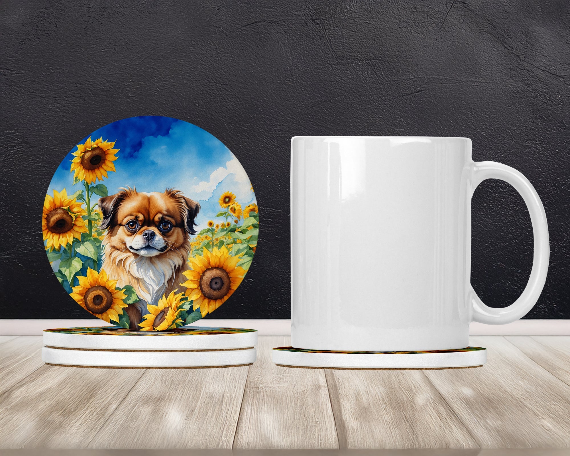 Tibetan Spaniel in Sunflowers Large Sandstone Coasters Pack of 4 Absorbent Round Coasters Decor Gifts for Men or Women, 4 in, Multicolor