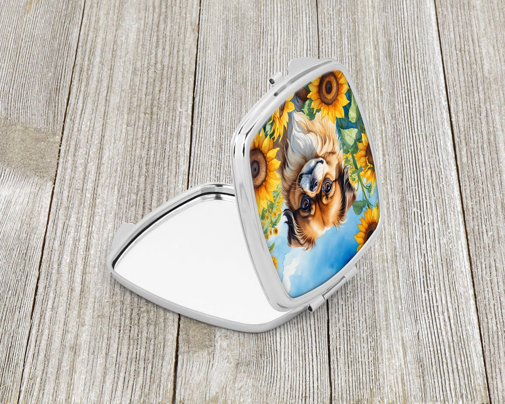 Tibetan Spaniel in Sunflowers Compact Mirror Decorative Travel Makeup Mirror for Women Girls Gifts Pocket Makeup Mirror Folding Handheld