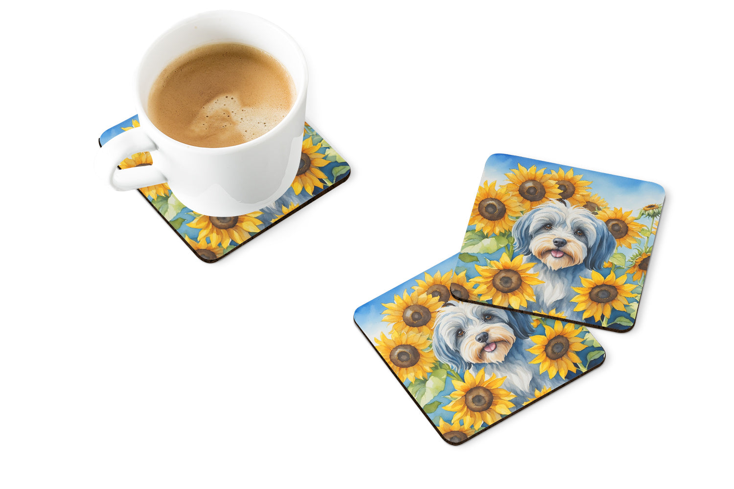 Tibetan Terrier in Sunflowers Foam Coasters Set of 4 Cup Coasters for Indoor Outdoor, Tabletop Protection, Anti Slip, Mouse pad Material