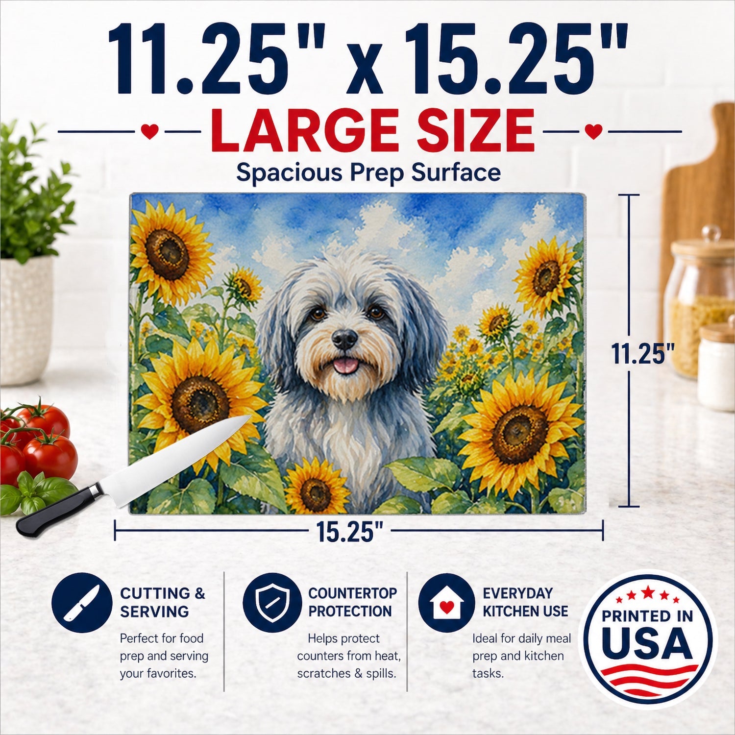 Tibetan Terrier in Sunflowers Cutting Board Tempered Glass Kitchen Cutting Surface, Heat Resistant Chopping Board with Non-Slip Feet, Decorative Food Prep & Serving