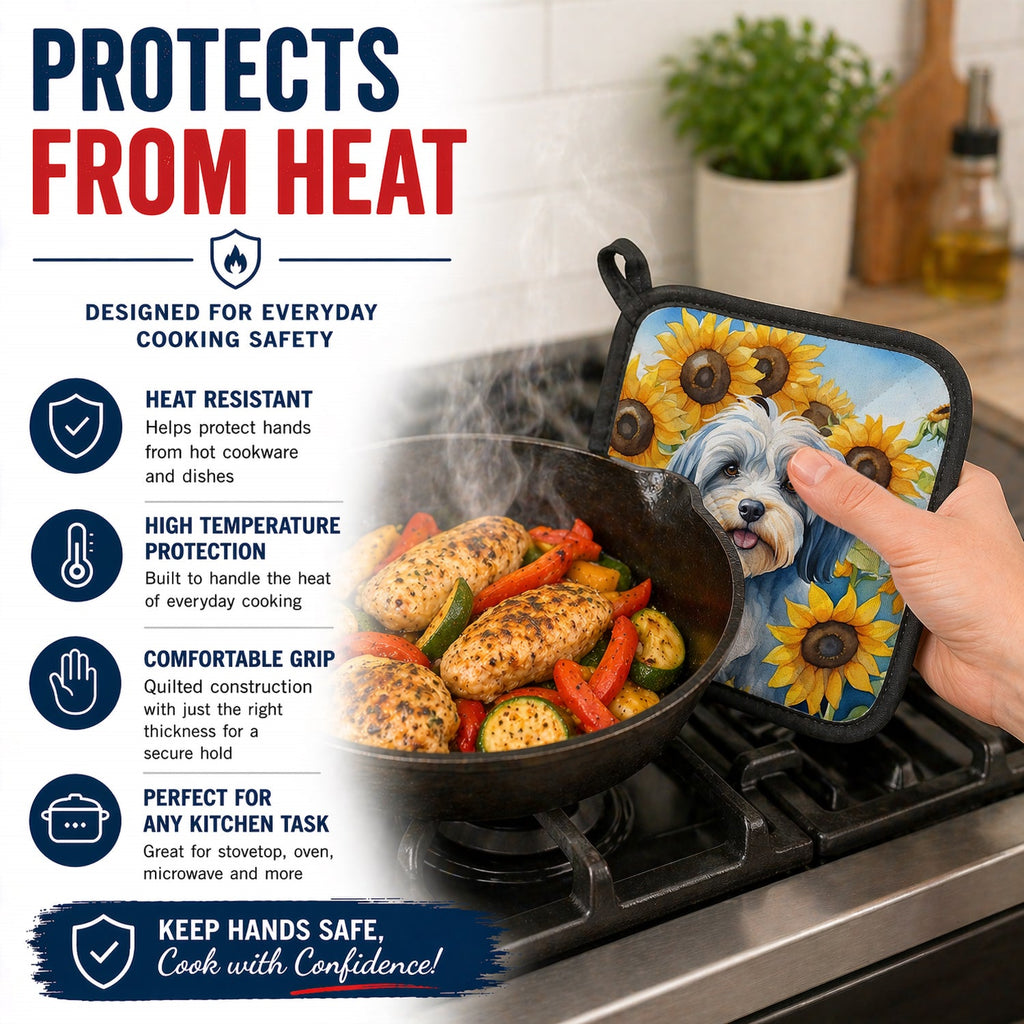 Tibetan Terrier in Sunflowers Pot Holder Set of 2 Heat Resistant Quilted Hot Pads 7.5 x 7.5 Inch, Insulated Kitchen Trivets for Cooking & Baking