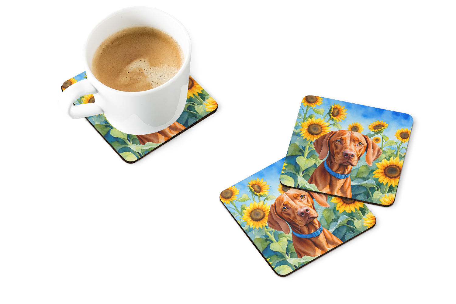 Vizsla in Sunflowers Foam Coasters Set of 4 Cup Coasters for Indoor Outdoor, Tabletop Protection, Anti Slip, Mouse pad Material