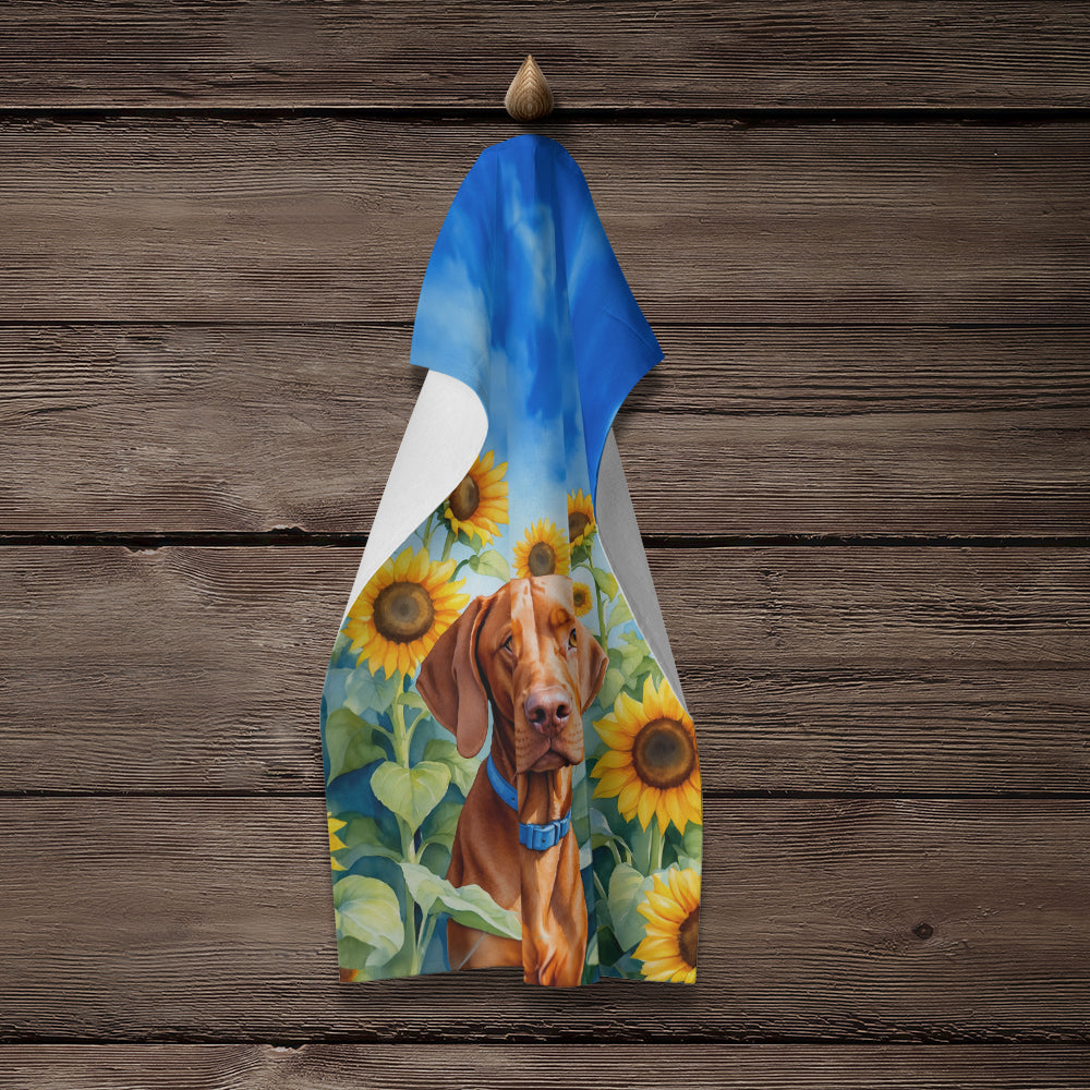 Vizsla in Sunflowers Kitchen Towel Velour Plush Front and Cotton Loop Back Machine Washable