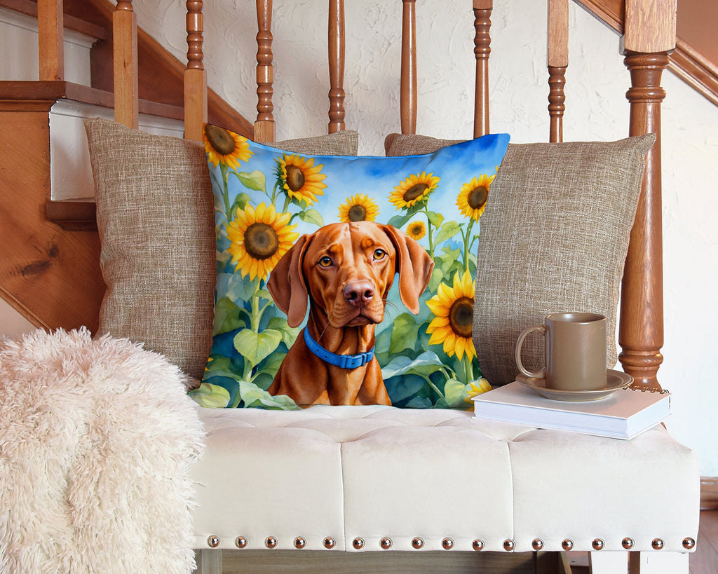 Vizsla in Sunflowers Decorative Throw Pillow 14x14 Indoor Outdoor Accent Cushion, Fabric Cover with Insert for Sofa, Bed, Porch & Living Room