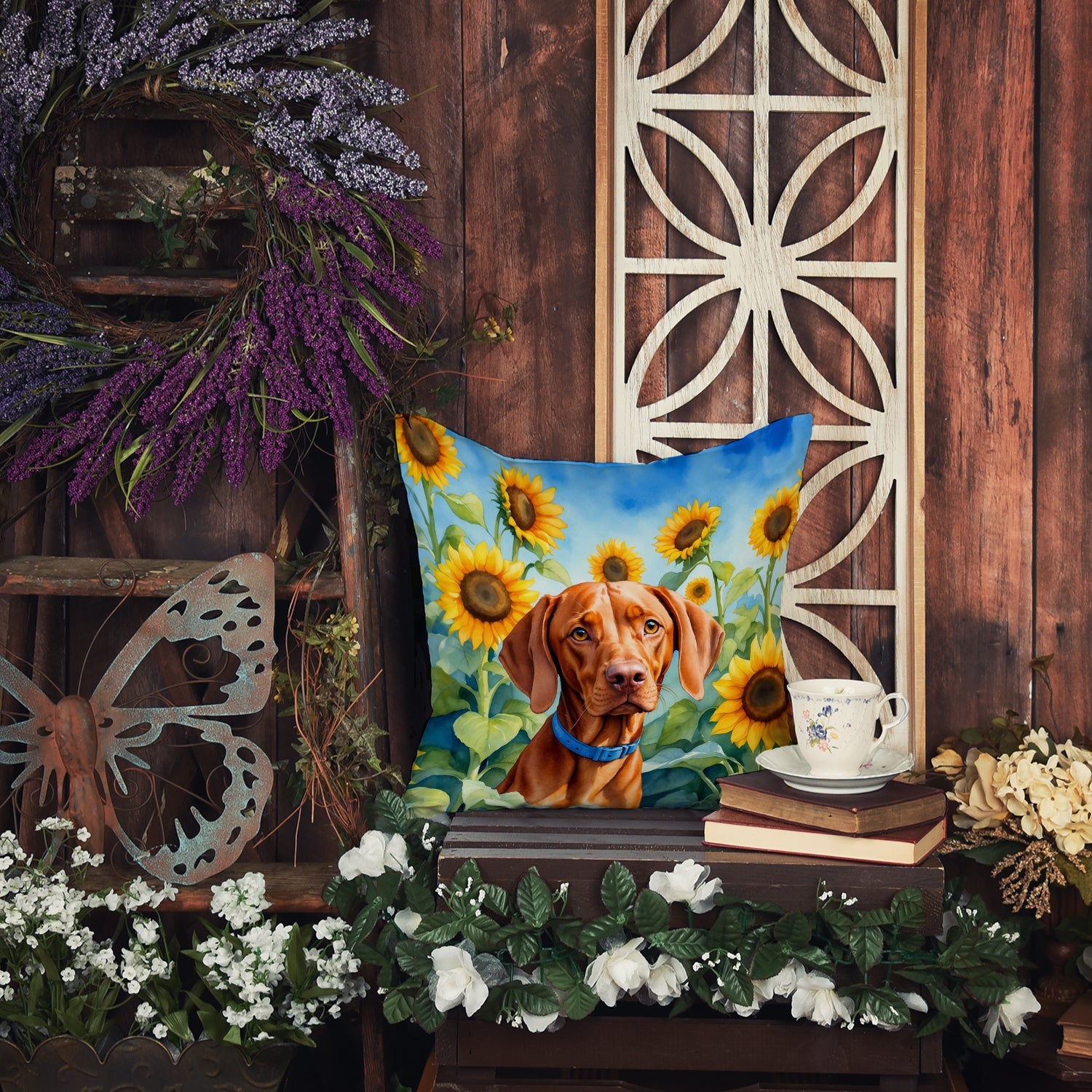 Vizsla in Sunflowers Decorative Throw Pillow 18x18 Indoor Outdoor Accent Cushion, Fabric Cover with Insert for Sofa, Bed, Porch & Living Room