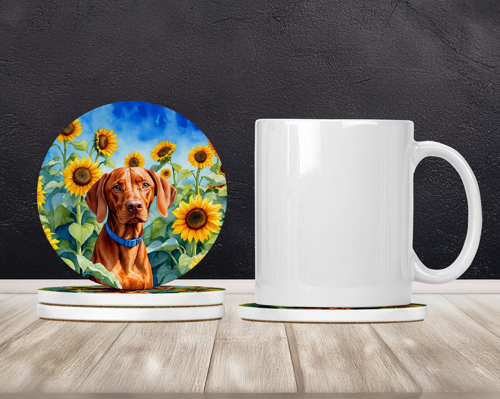 Vizsla in Sunflowers Large Sandstone Coasters Pack of 4 Absorbent Round Coasters Decor Gifts for Men or Women, 4 in, Multicolor