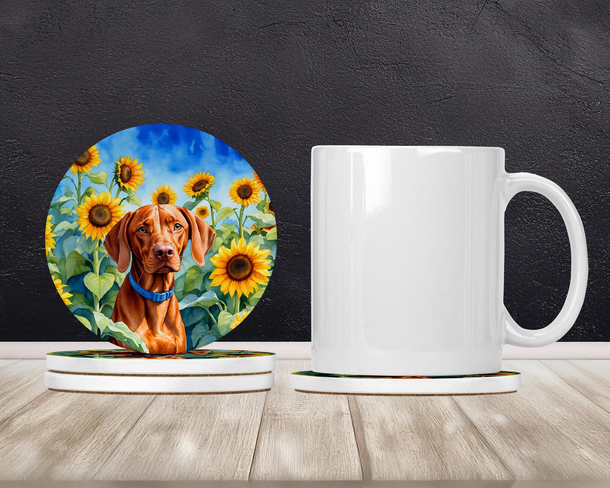 Vizsla in Sunflowers Large Sandstone Coasters Pack of 4 Absorbent Round Coasters Decor Gifts for Men or Women, 4 in, Multicolor