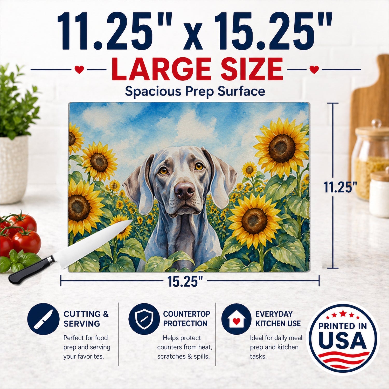 Weimaraner in Sunflowers Cutting Board Tempered Glass Kitchen Cutting Surface, Heat Resistant Chopping Board with Non-Slip Feet, Decorative Food Prep & Serving