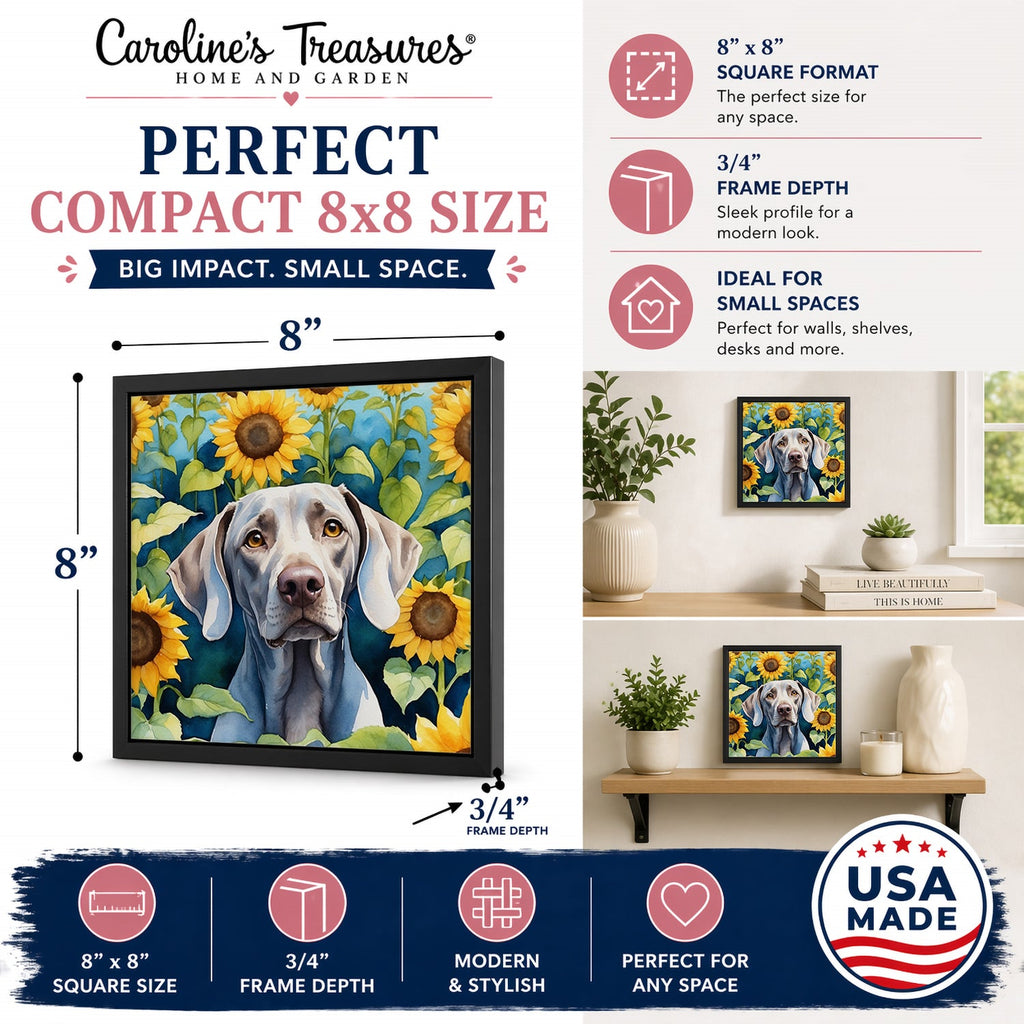 Weimaraner in Sunflowers Framed Metal Print Bathroom, Kitchen, Office, Home Decor Wall Art Ready to Hang, Square, 8X8