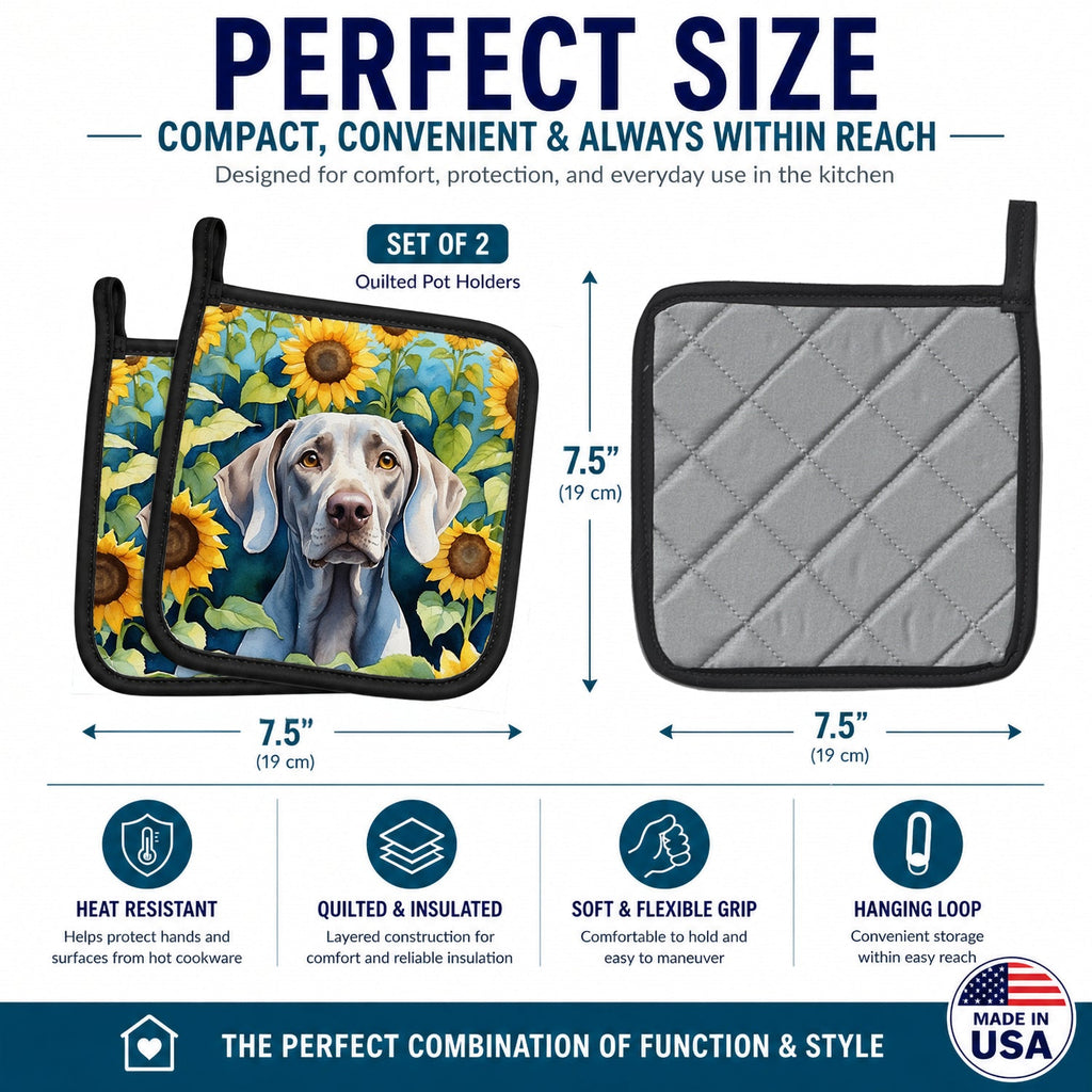 Weimaraner in Sunflowers Pot Holder Set of 2 Heat Resistant Quilted Hot Pads 7.5 x 7.5 Inch, Insulated Kitchen Trivets for Cooking & Baking