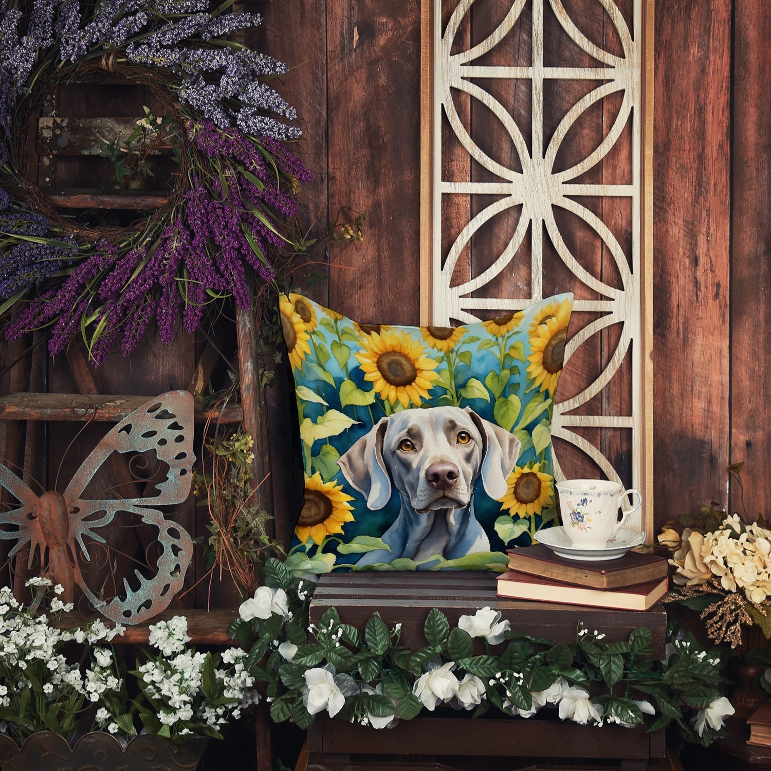Weimaraner in Sunflowers Decorative Throw Pillow 14x14 Indoor Outdoor Accent Cushion, Fabric Cover with Insert for Sofa, Bed, Porch & Living Room