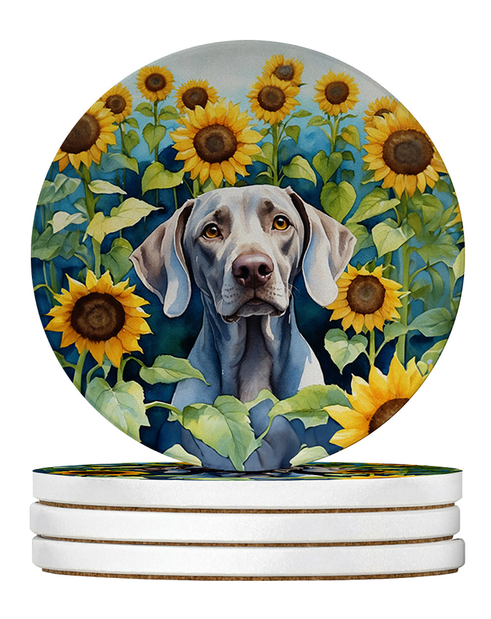 Weimaraner in Sunflowers Large Sandstone Coasters Pack of 4 Absorbent Round Coasters Decor Gifts for Men or Women, 4 in, Multicolor