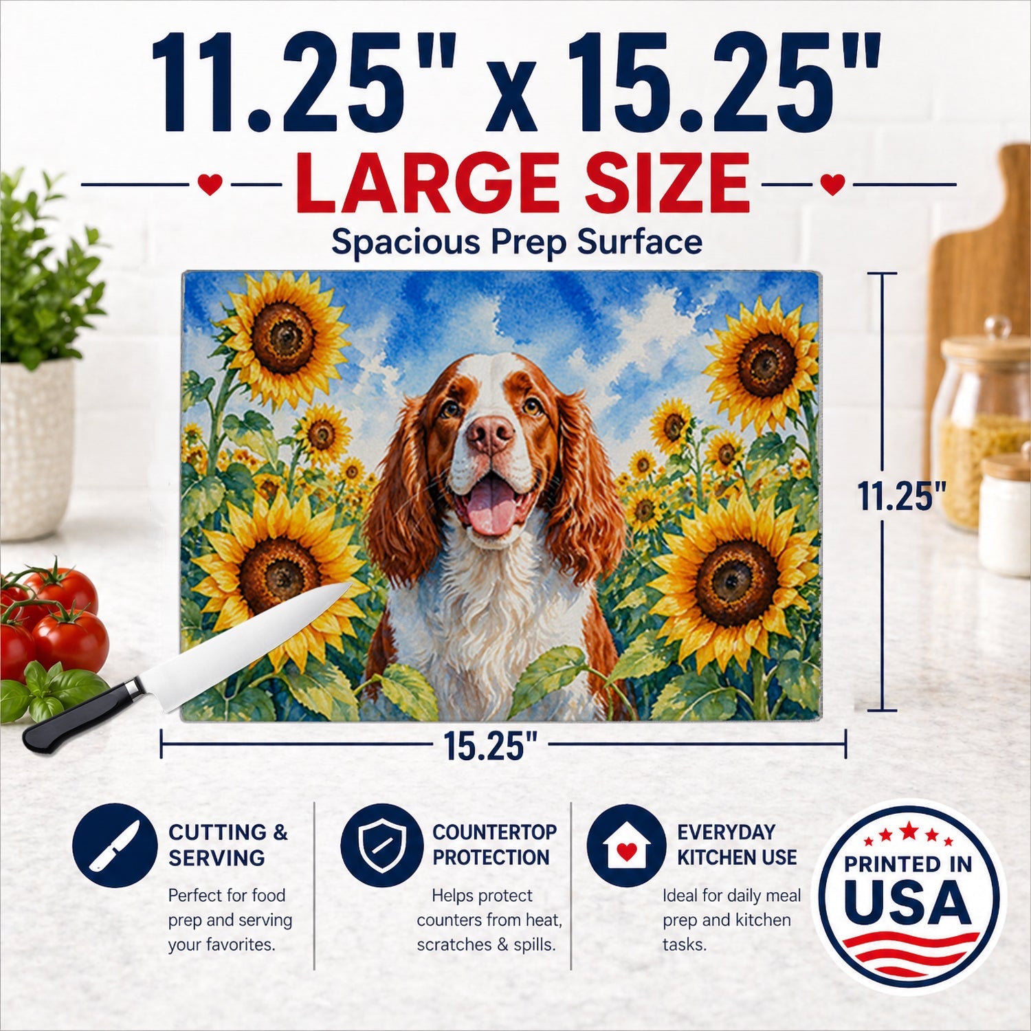 Welsh Springer Spaniel in Sunflowers Cutting Board Tempered Glass Kitchen Cutting Surface, Heat Resistant Chopping Board with Non-Slip Feet, Decorative Food Prep & Serving