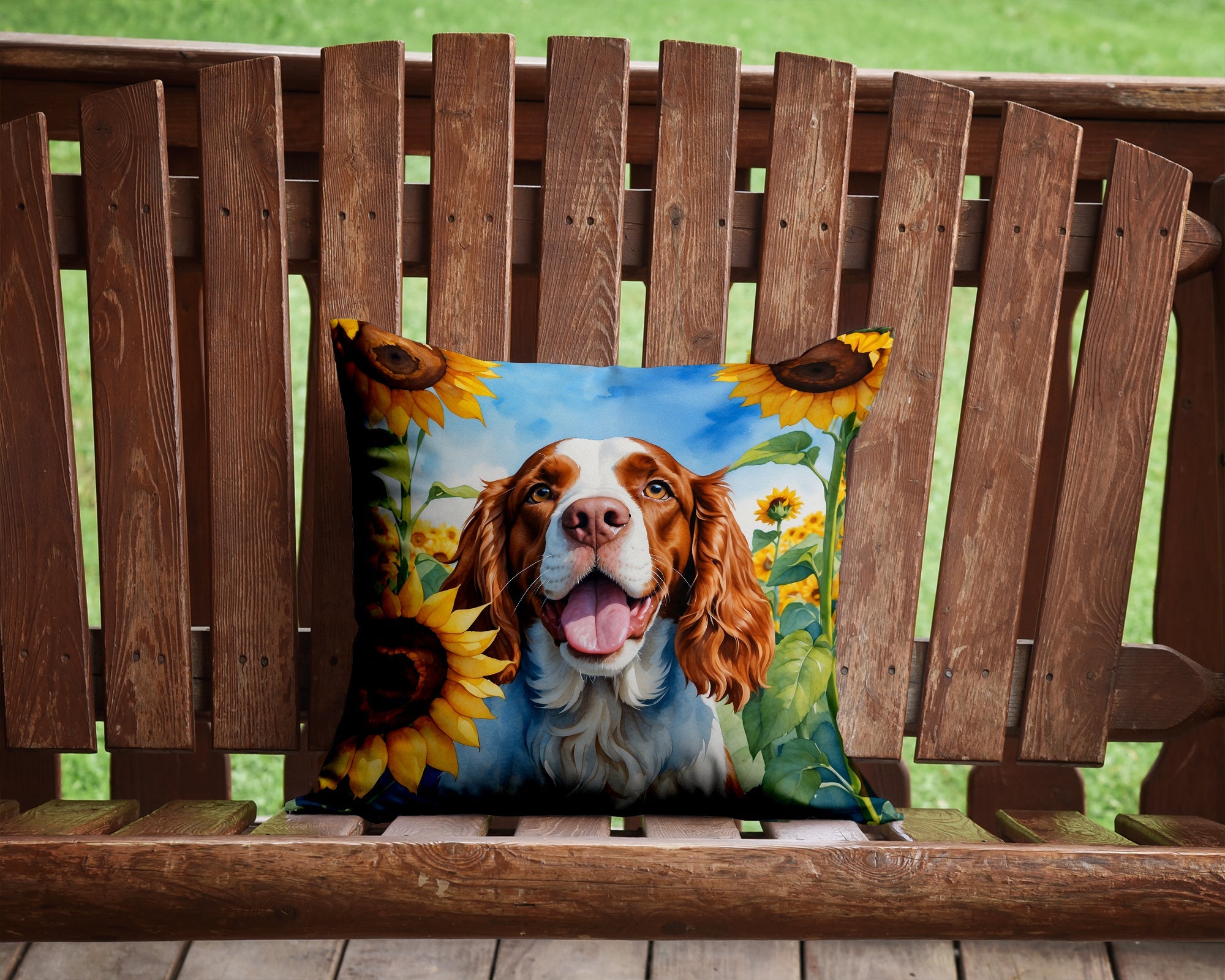 Welsh Springer Spaniel in Sunflowers Decorative Throw Pillow 14x14 Indoor Outdoor Accent Cushion, Fabric Cover with Insert for Sofa, Bed, Porch & Living Room
