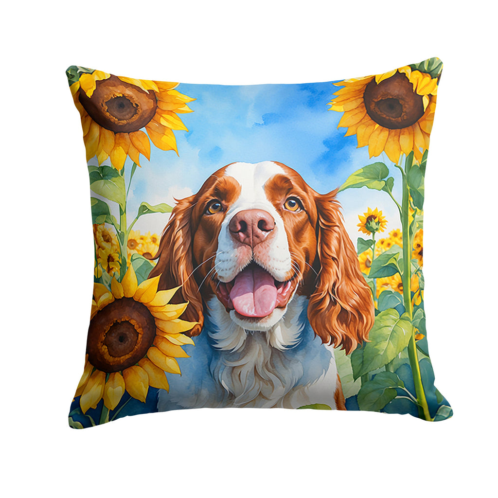 Welsh Springer Spaniel in Sunflowers Decorative Throw Pillow 18x18 Indoor Outdoor Accent Cushion, Fabric Cover with Insert for Sofa, Bed, Porch & Living Room