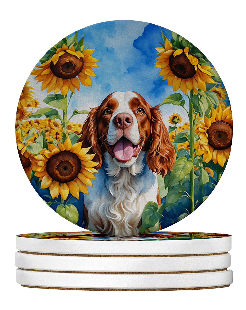 Welsh Springer Spaniel in Sunflowers Large Sandstone Coasters Pack of 4 Absorbent Round Coasters Decor Gifts for Men or Women, 4 in, Multicolor