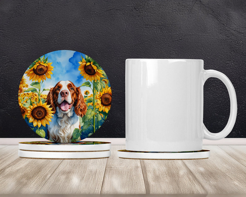 Welsh Springer Spaniel in Sunflowers Large Sandstone Coasters Pack of 4 Absorbent Round Coasters Decor Gifts for Men or Women, 4 in, Multicolor