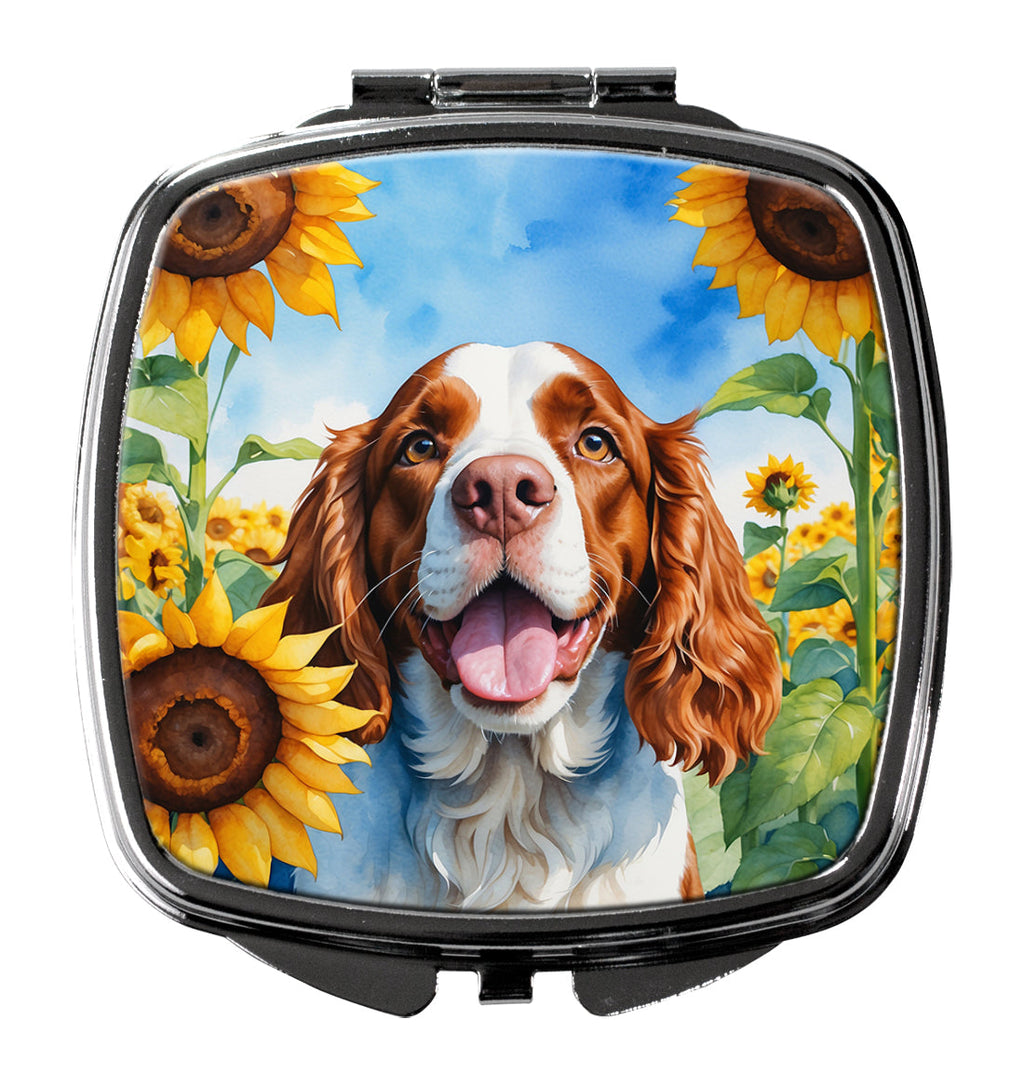 Welsh Springer Spaniel in Sunflowers Compact Mirror Decorative Travel Makeup Mirror for Women Girls Gifts Pocket Makeup Mirror Folding Handheld