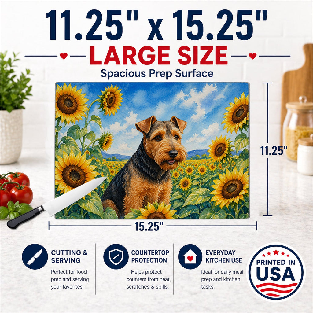 Welsh Terrier in Sunflowers Cutting Board Tempered Glass Kitchen Cutting Surface, Heat Resistant Chopping Board with Non-Slip Feet, Decorative Food Prep & Serving
