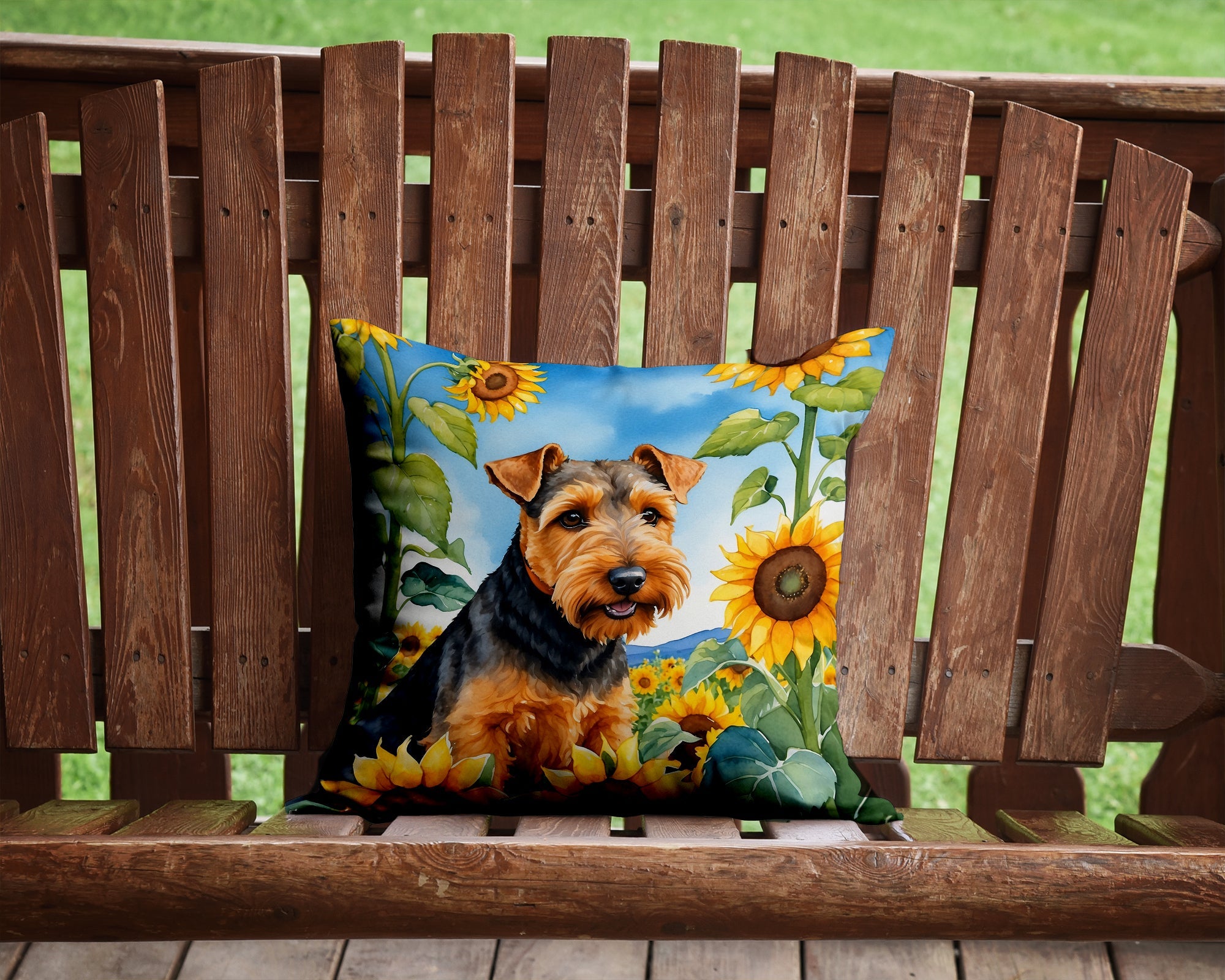 Welsh Terrier in Sunflowers Decorative Throw Pillow 14x14 Indoor Outdoor Accent Cushion, Fabric Cover with Insert for Sofa, Bed, Porch & Living Room