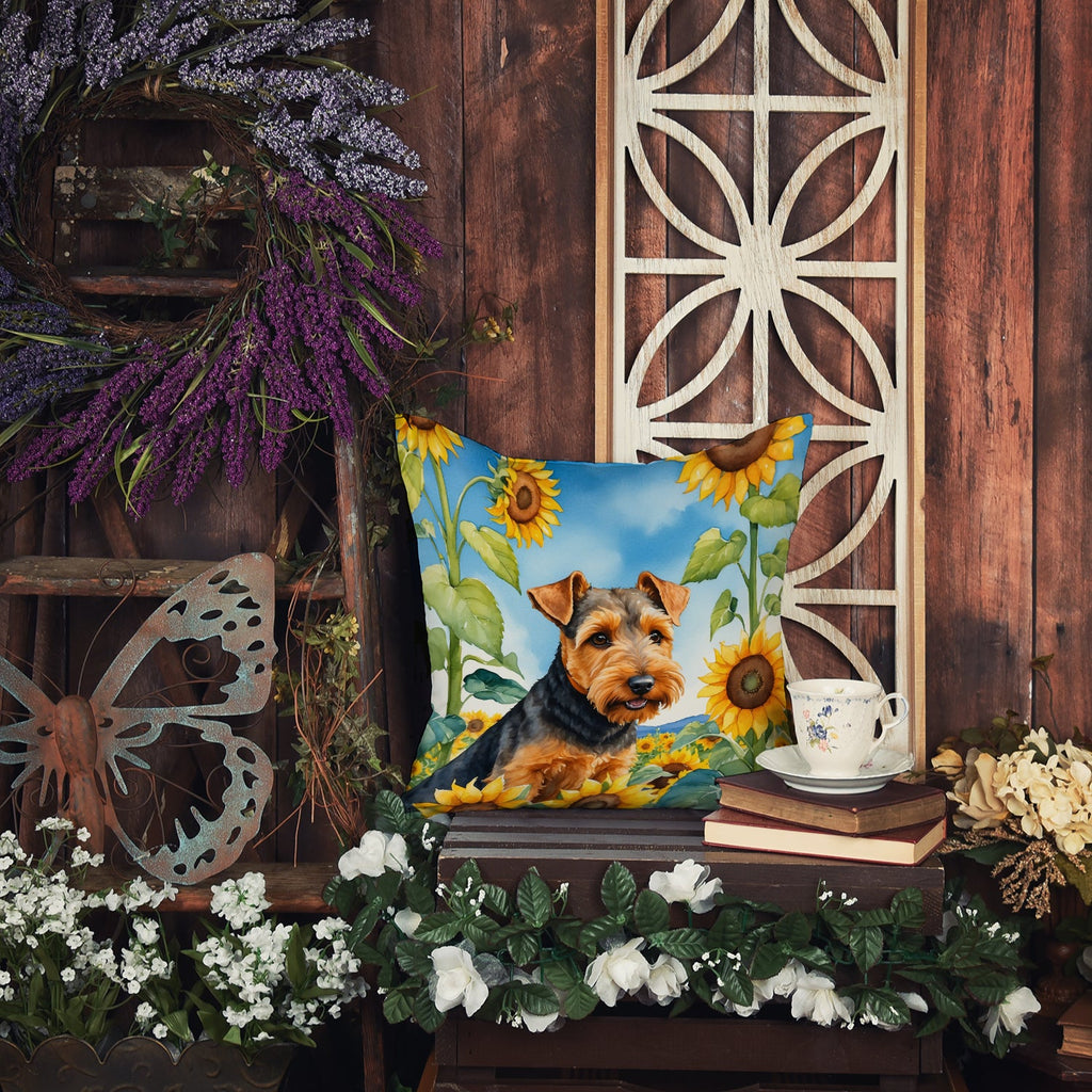 Welsh Terrier in Sunflowers Decorative Throw Pillow 14x14 Indoor Outdoor Accent Cushion, Fabric Cover with Insert for Sofa, Bed, Porch & Living Room