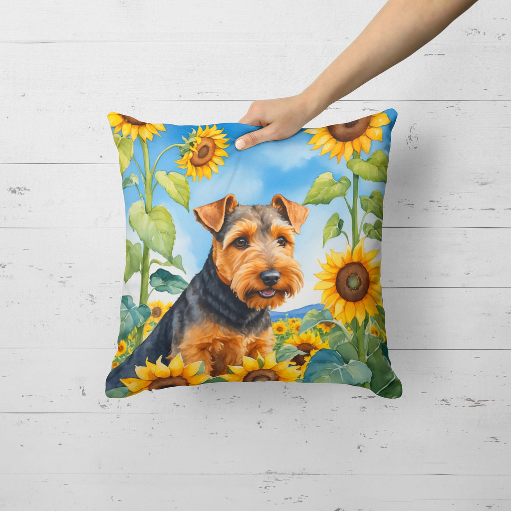 Welsh Terrier in Sunflowers Decorative Throw Pillow 18x18 Indoor Outdoor Accent Cushion, Fabric Cover with Insert for Sofa, Bed, Porch & Living Room
