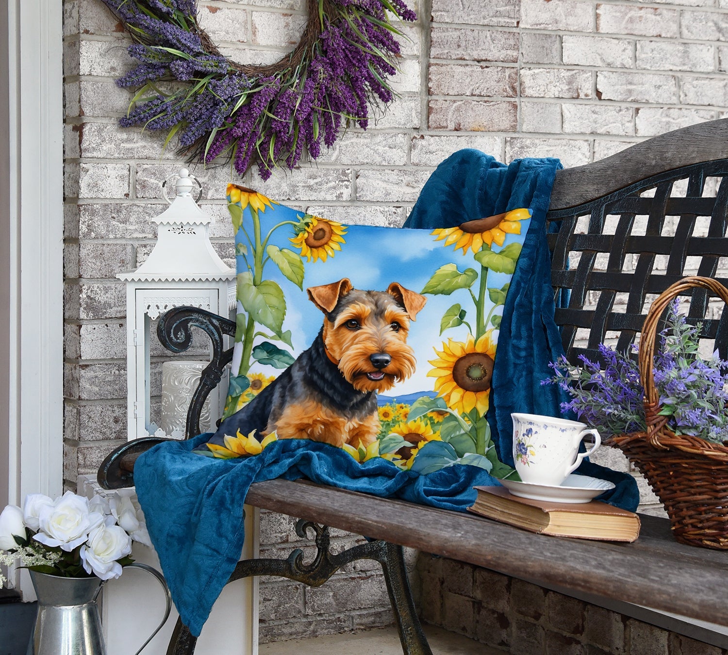 Welsh Terrier in Sunflowers Decorative Throw Pillow 18x18 Indoor Outdoor Accent Cushion, Fabric Cover with Insert for Sofa, Bed, Porch & Living Room