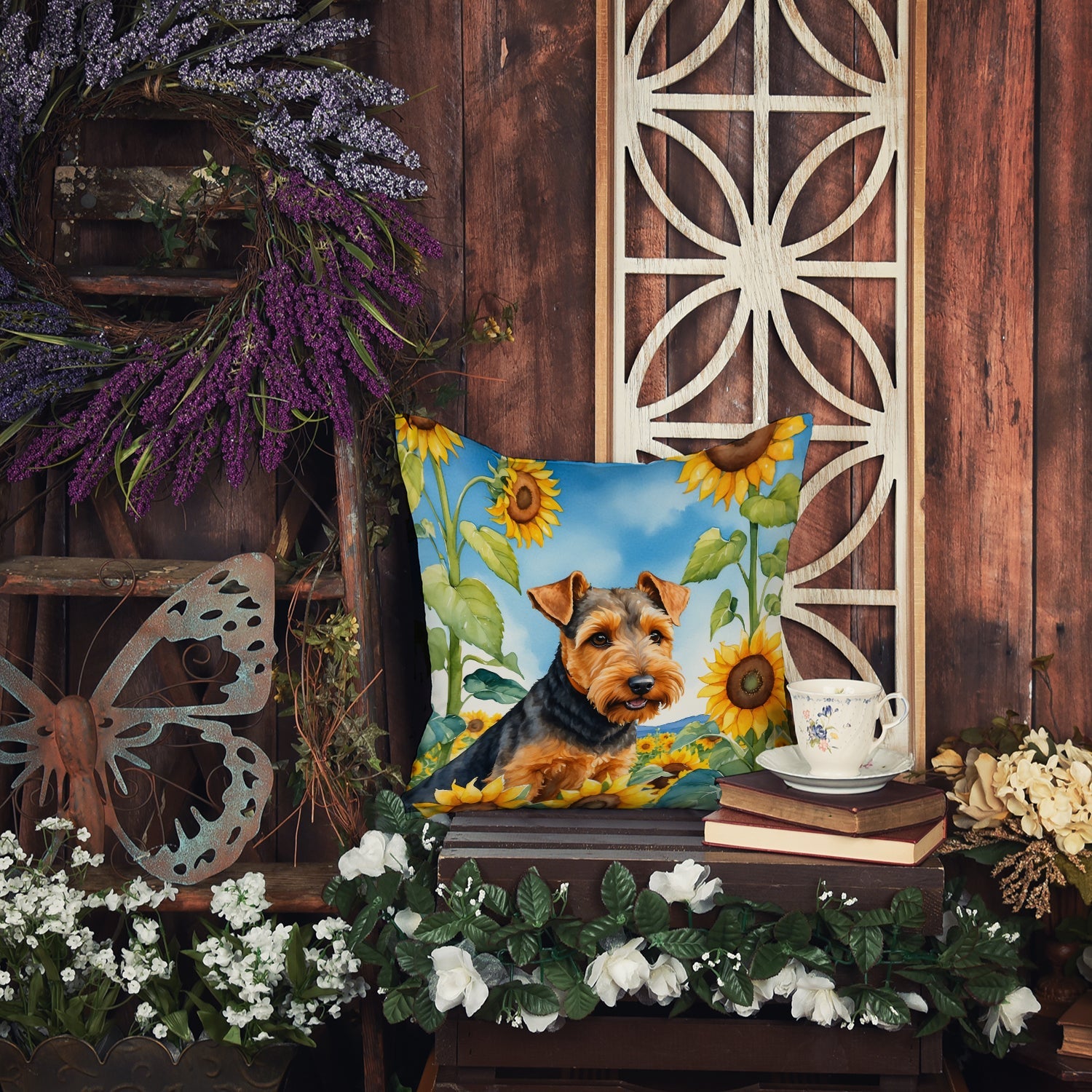 Welsh Terrier in Sunflowers Decorative Throw Pillow 18x18 Indoor Outdoor Accent Cushion, Fabric Cover with Insert for Sofa, Bed, Porch & Living Room