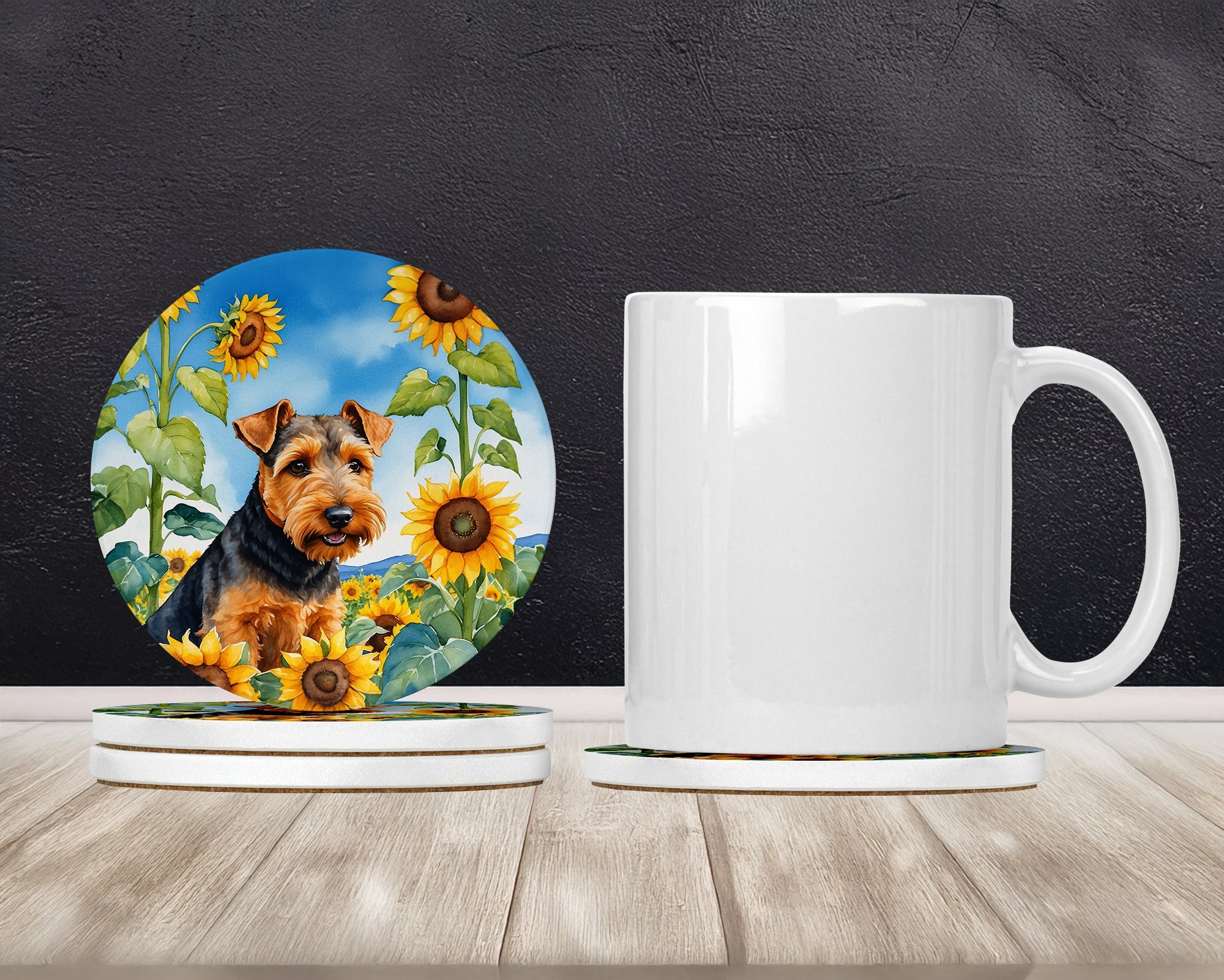 Welsh Terrier in Sunflowers Large Sandstone Coasters Pack of 4 Absorbent Round Coasters Decor Gifts for Men or Women, 4 in, Multicolor
