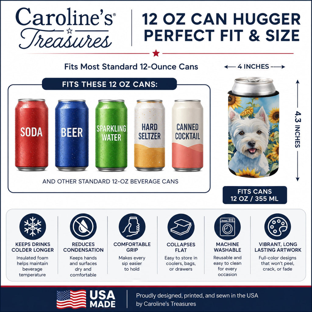 Westie in Sunflowers Can or Bottle Hugger Cooler Sleeve for Standard 12 oz Cans, Insulated Foam Beer & Soda Can Hugger Reusable