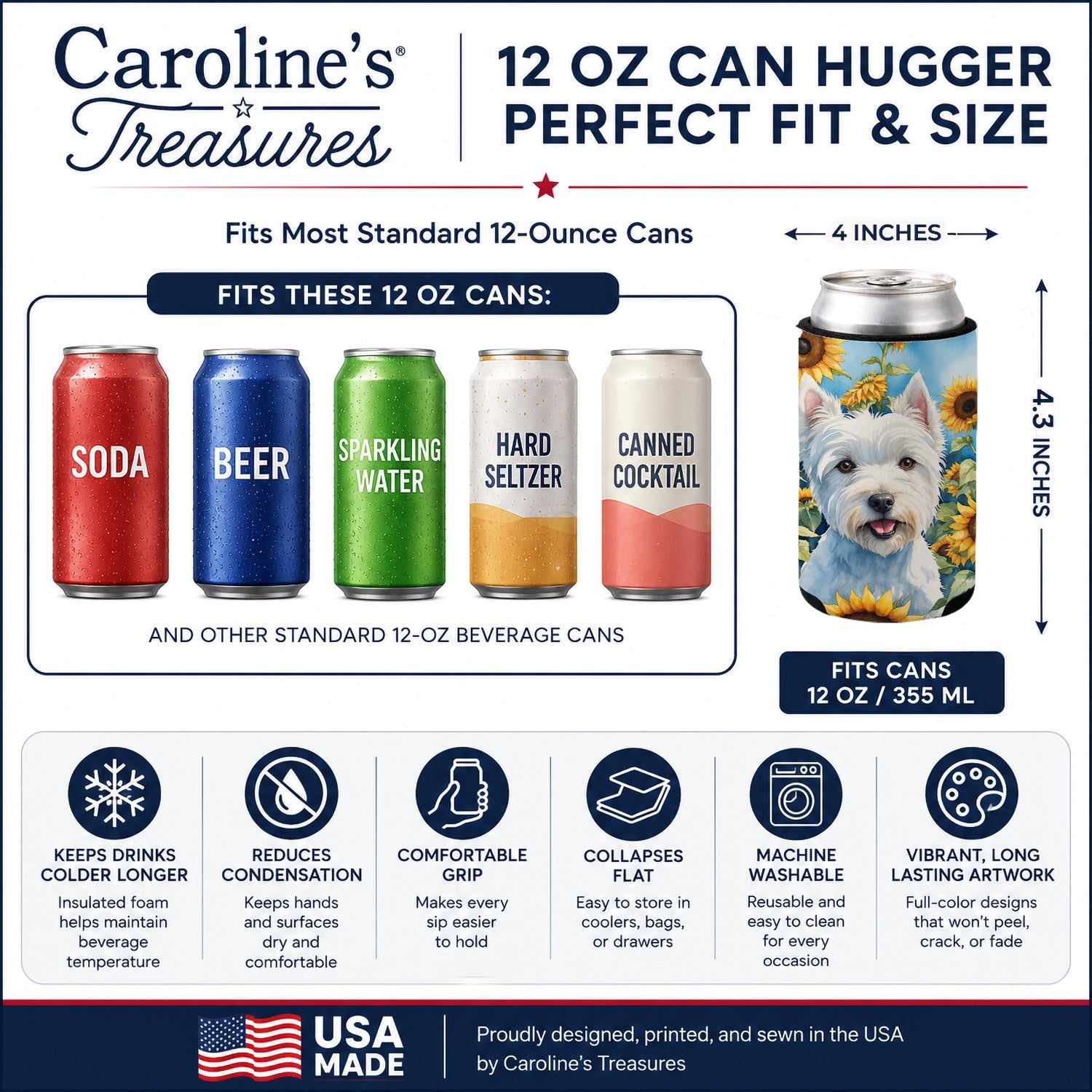 Westie in Sunflowers Can or Bottle Hugger Cooler Sleeve for Standard 12 oz Cans, Insulated Foam Beer & Soda Can Hugger Reusable